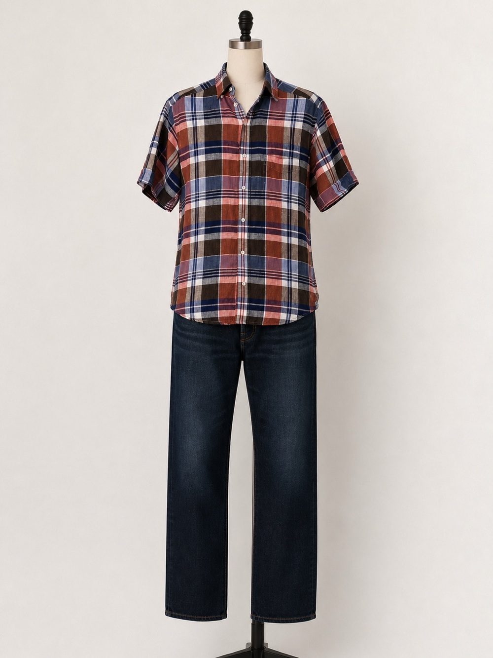 Cremieux Collection 100% Linen Plaid Shirt Men's Medium Short Sleeve Button Up